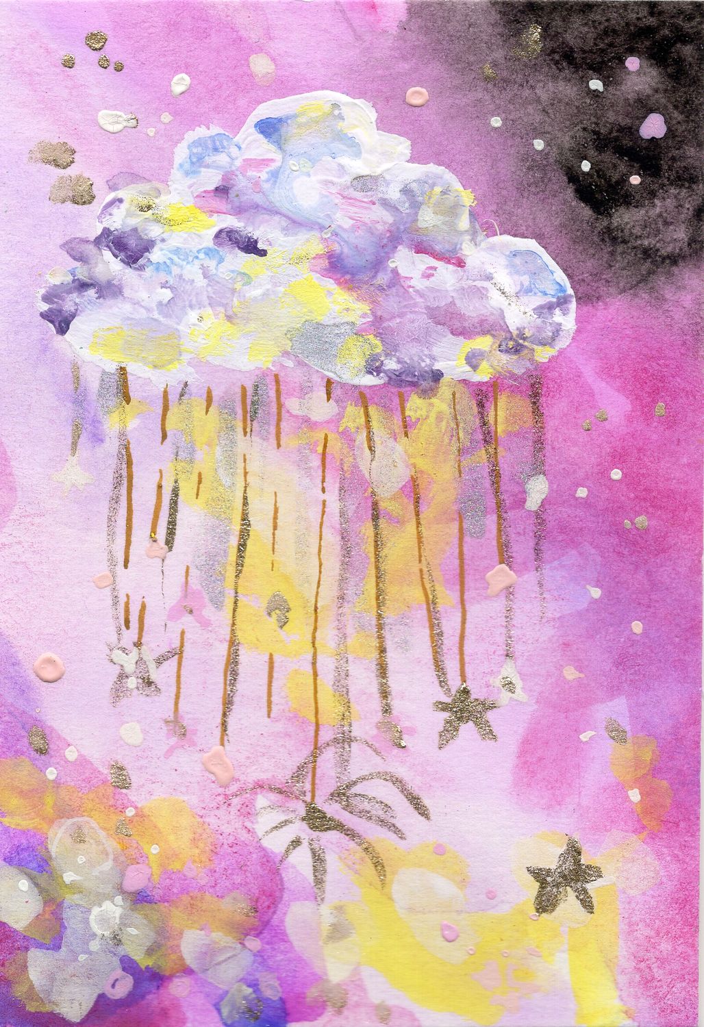 Lightning Cloud — original ACEO watercolor of a cloud raining gold and stars on a pink sky by Marla Saunders