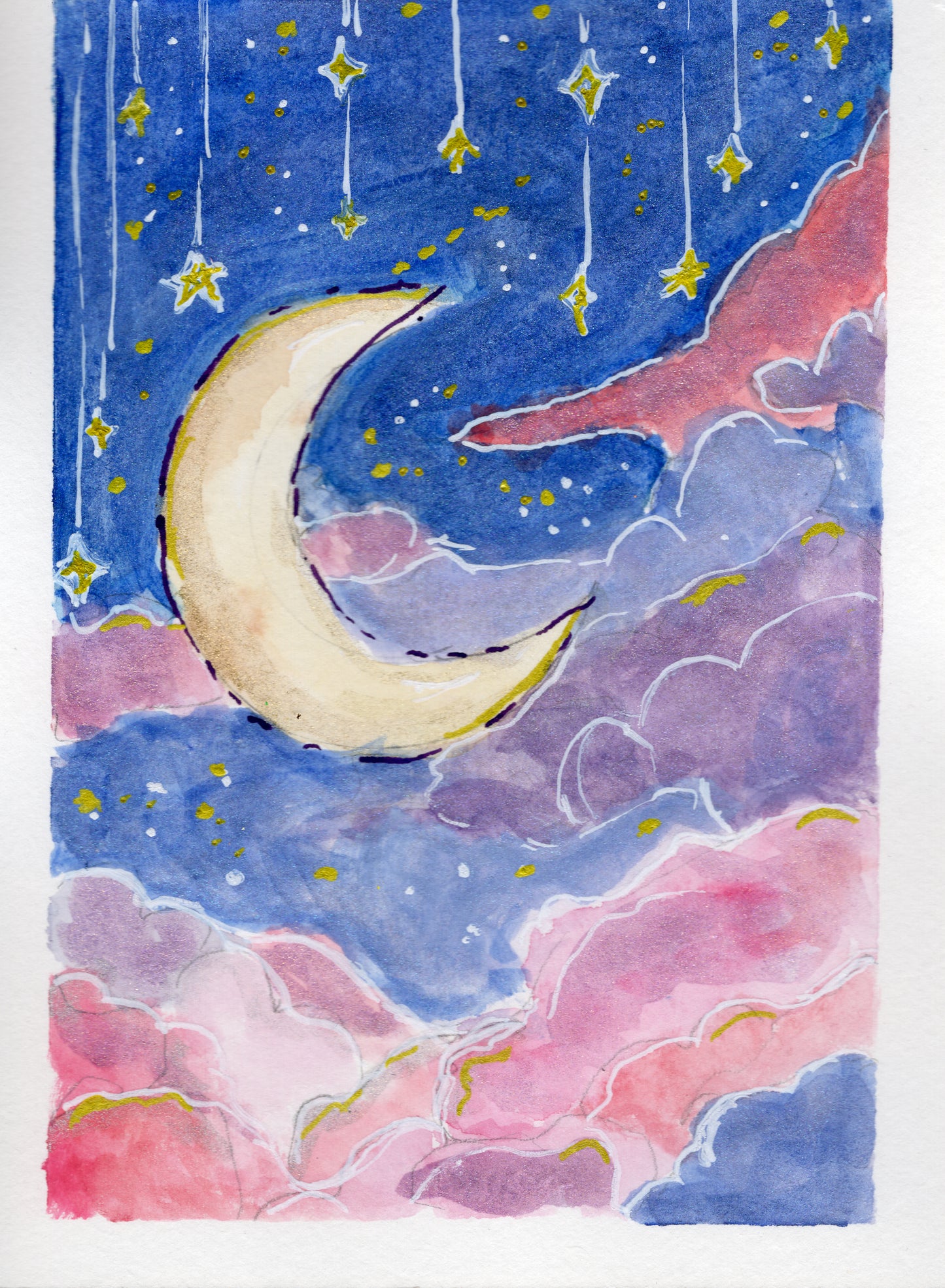 Celestial Moon & Clouds — Original Watercolor