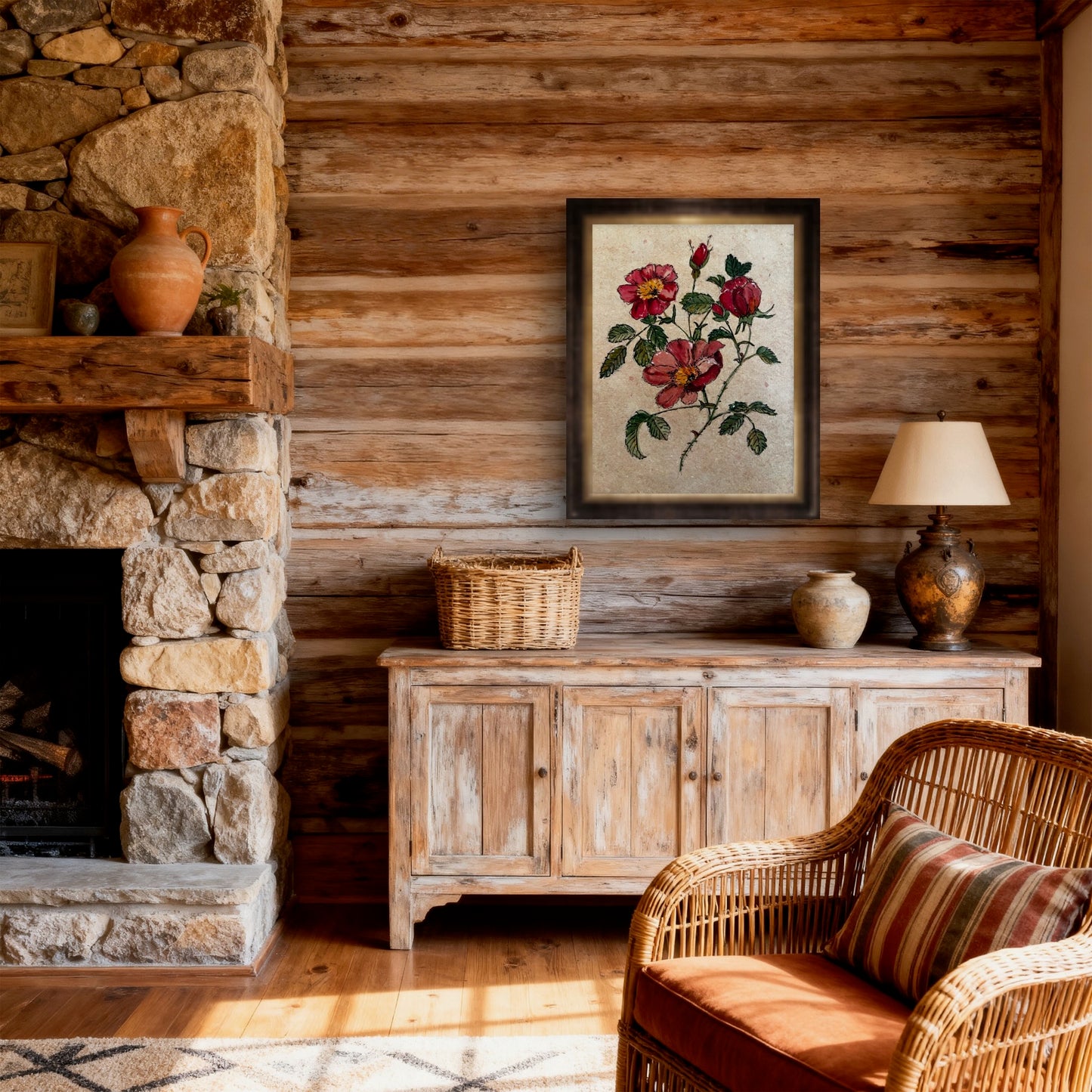 Wild Roses original watercolor styled in a rustic cabin living room
