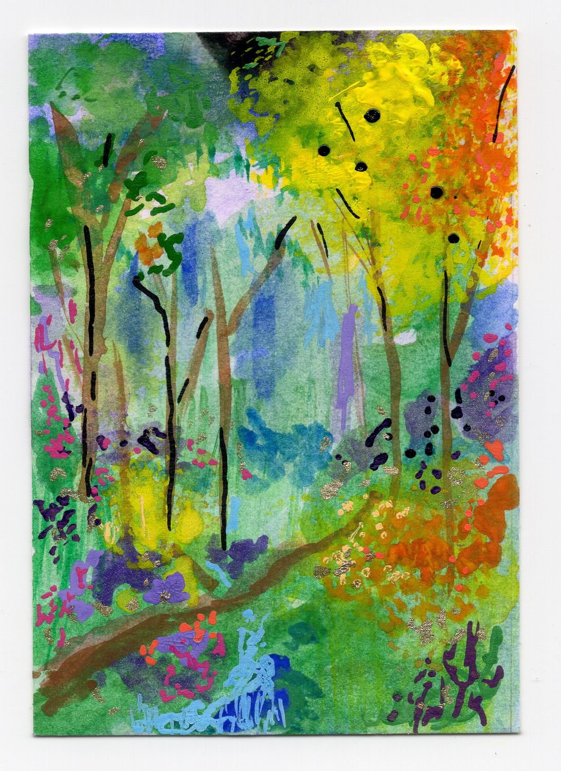 Fairy Forest — original ACEO watercolor of a glowing forest path with wildflowers and gold accents by Marla Saunders