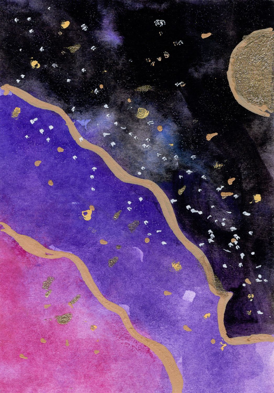 Galaxy — original ACEO watercolor of a night sky in purple and pink with metallic gold rivers and a gold moon by Marla Saunders