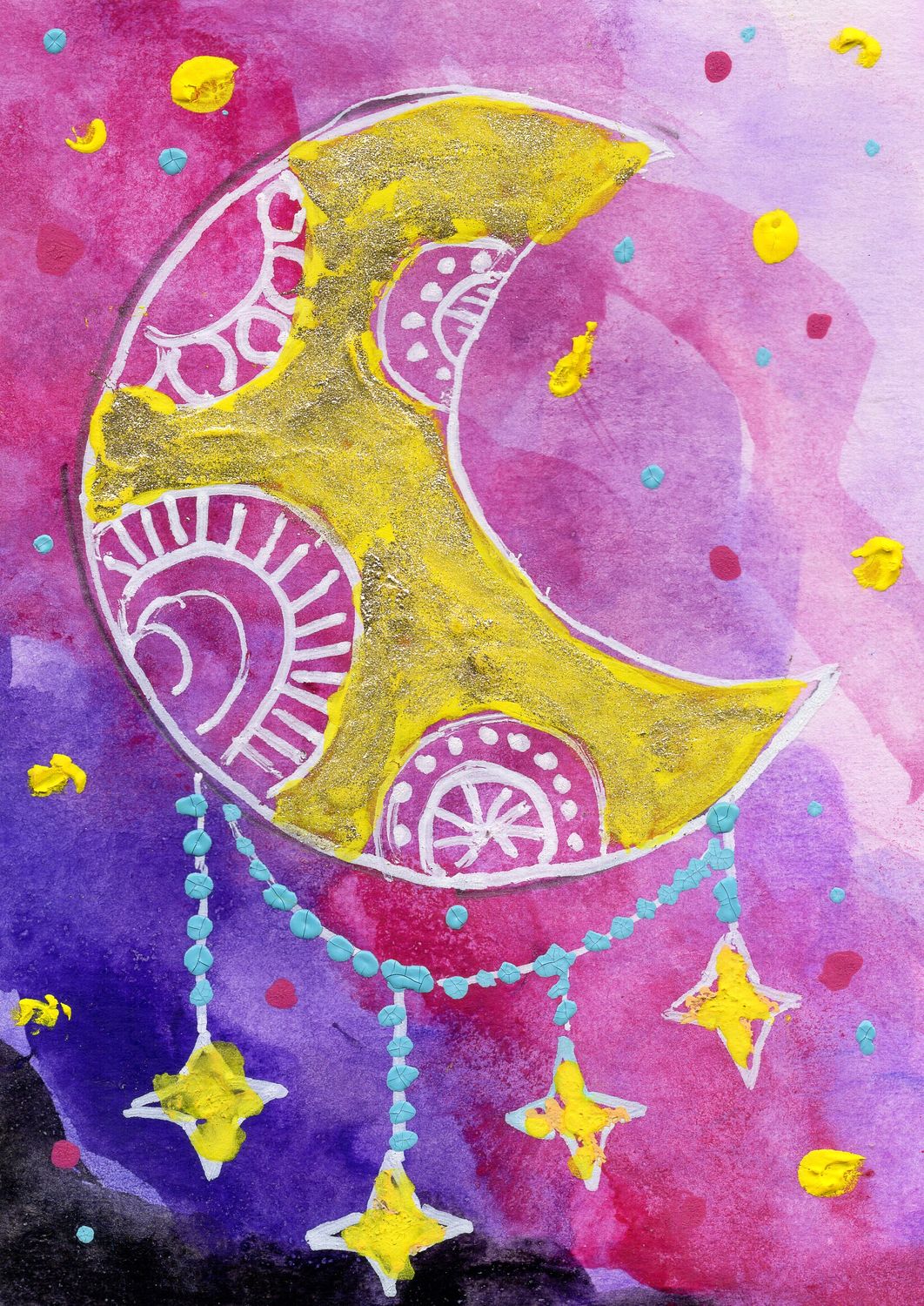 Golden Moon — original ACEO watercolor of a patterned gold crescent moon with beaded star garlands by Marla Saunders