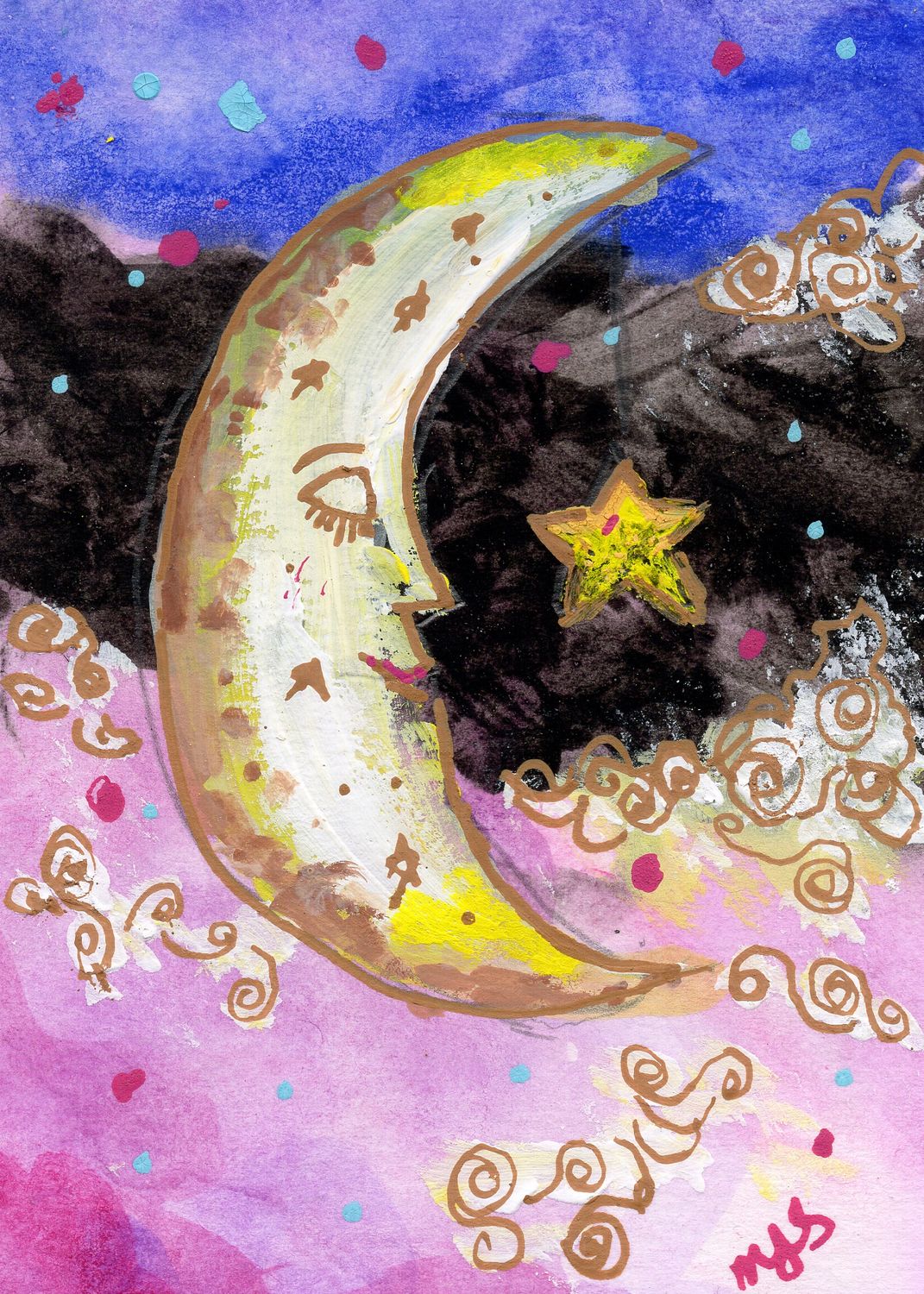 Mystic Moon — original ACEO watercolor of a sleeping crescent moon with a gold star and swirled clouds by Marla Saunders