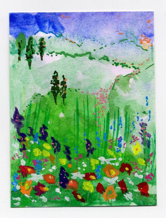 New Hampshire Field — original ACEO watercolor of a wildflower meadow with green hills and mountains by Marla Saunders