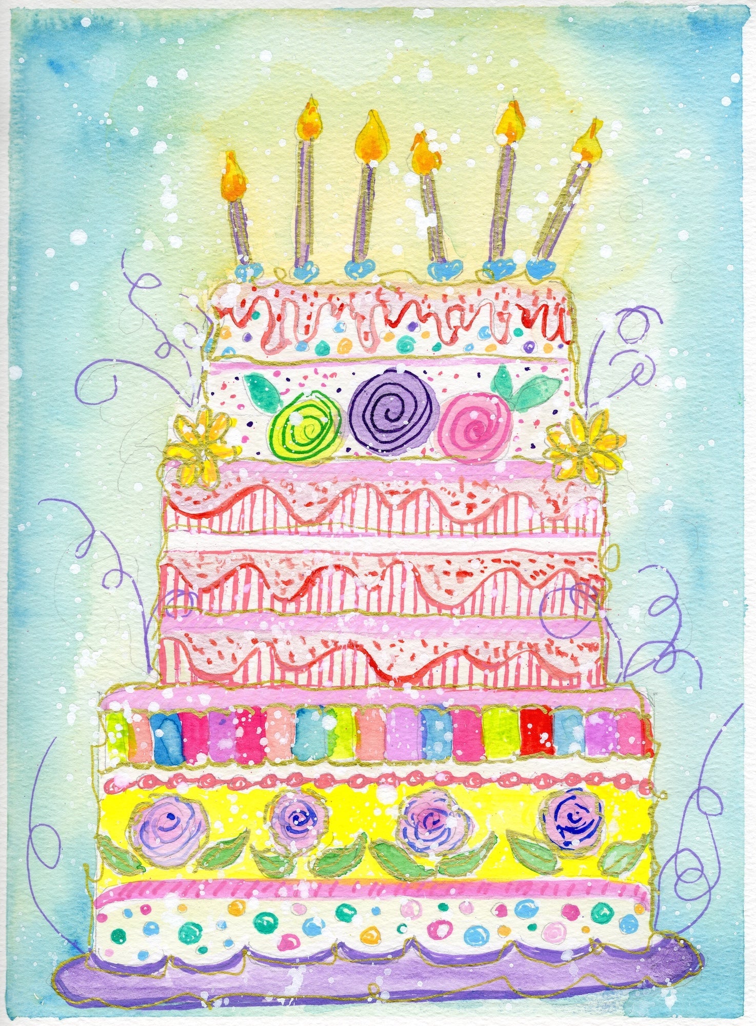Abundant Birthday — watercolor tiered birthday cake with lit candles, roses, rainbow stripes and gold linework