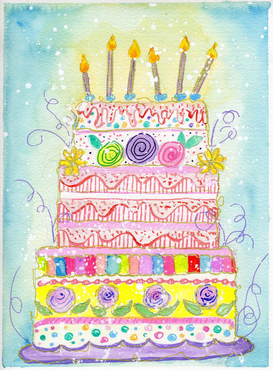 Abundant Birthday — watercolor tiered birthday cake with lit candles, roses, rainbow stripes and gold linework