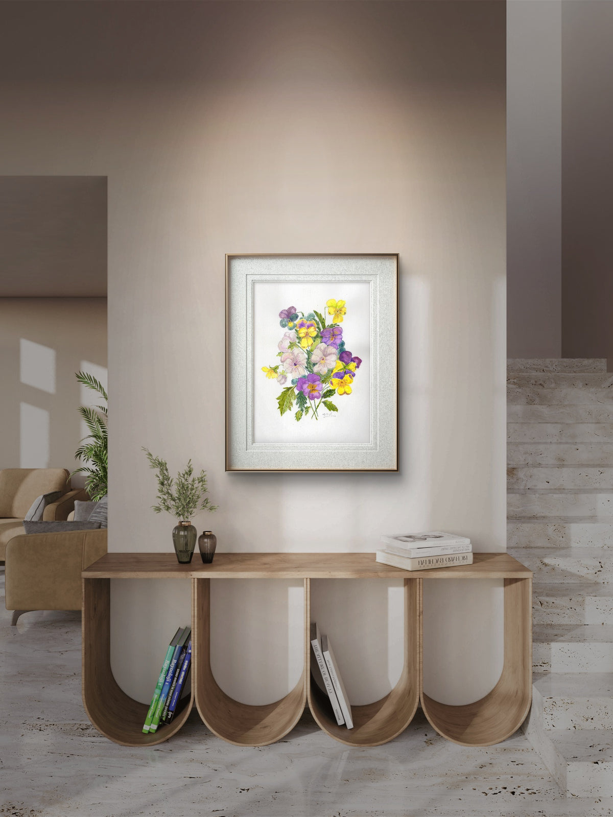 Donna's Pansies framed print, styled in a room