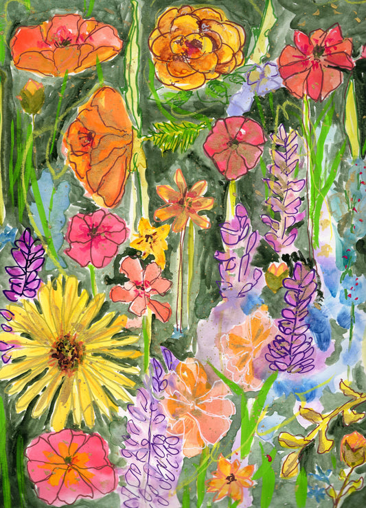 Full Summer Garden — Original Watercolor & Mixed Media