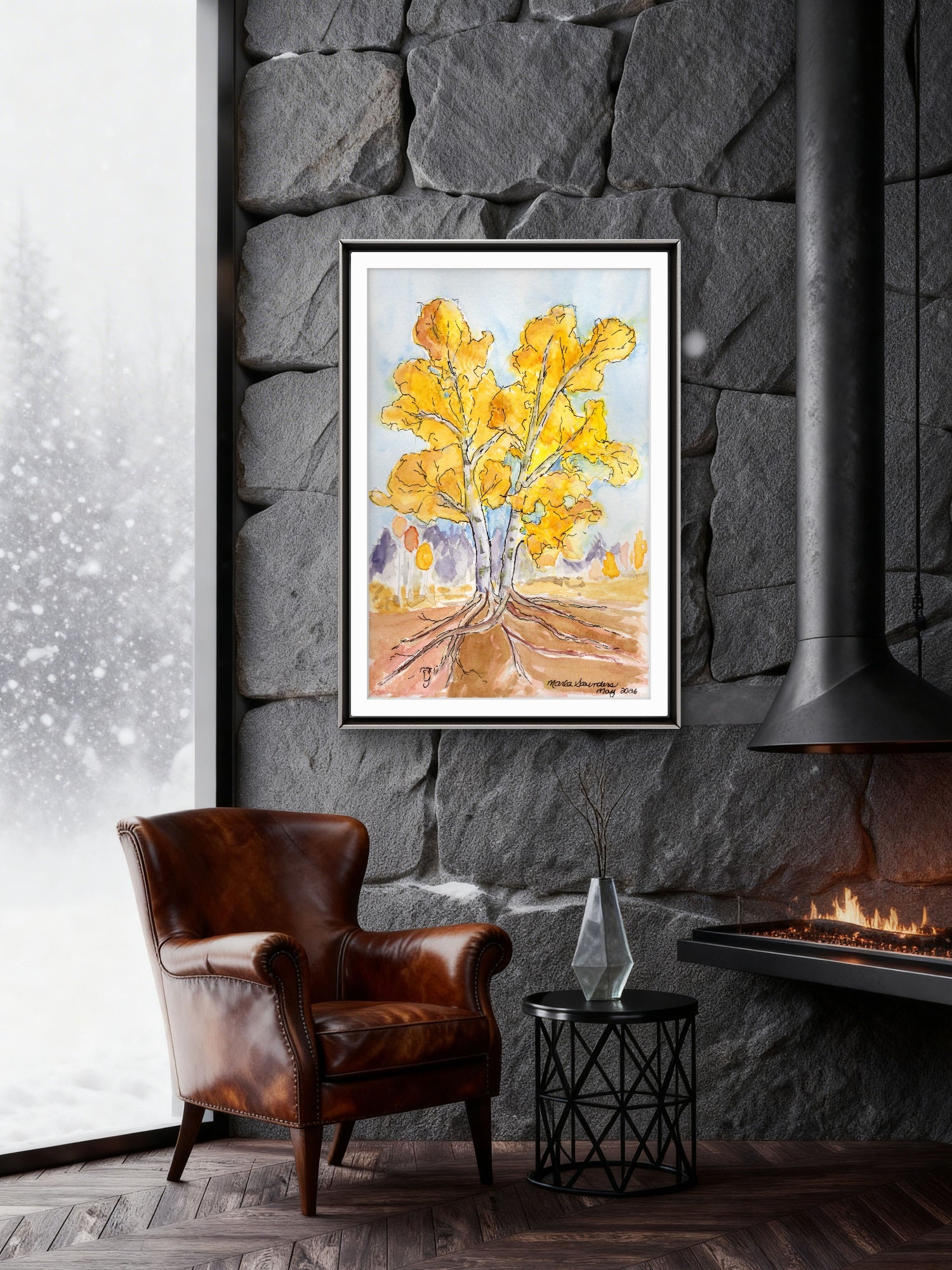 Intertwined Aspens framed print, styled