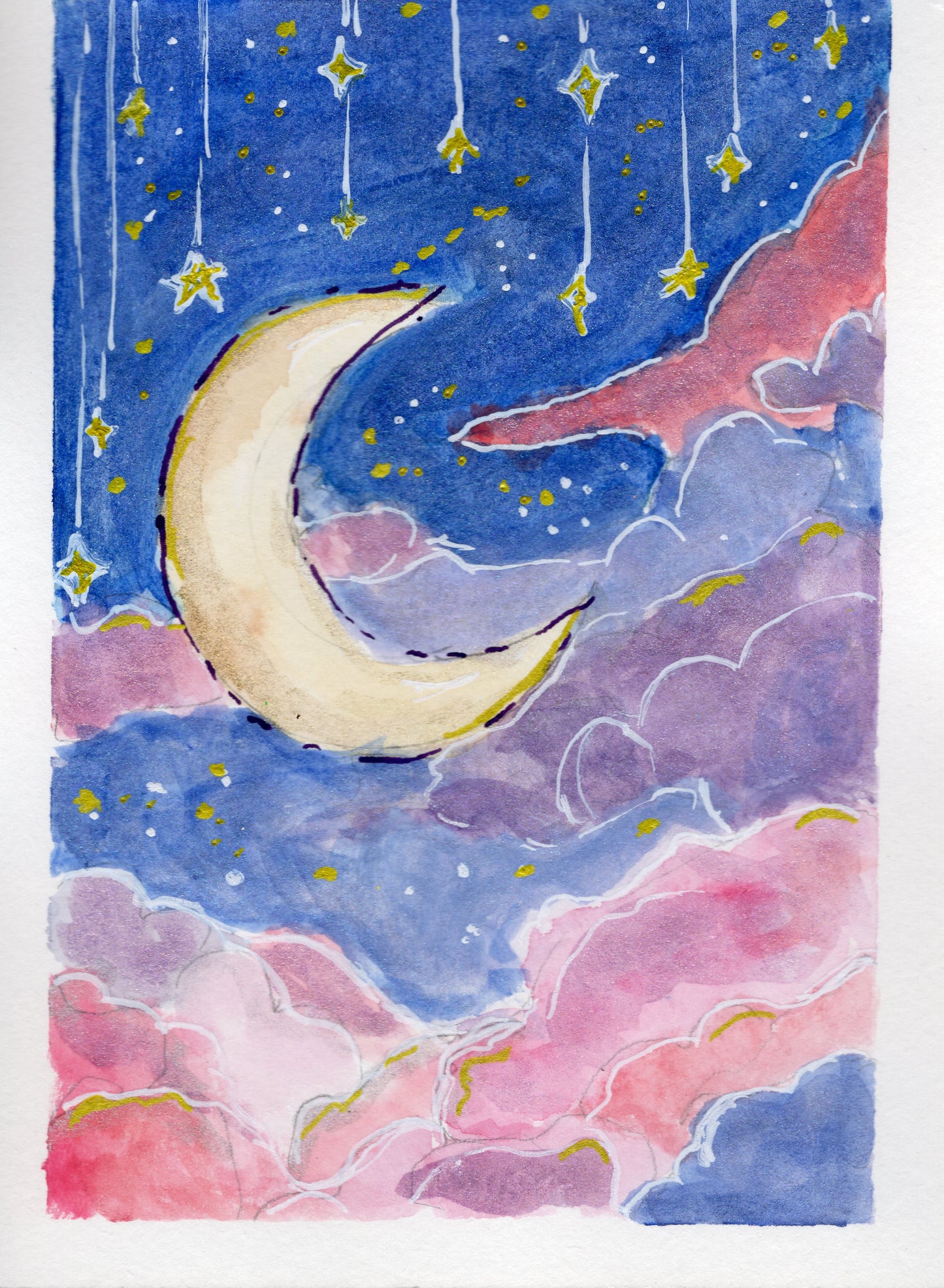 Celestial Moon & Clouds — watercolor crescent moon among rose and navy clouds with gold stars