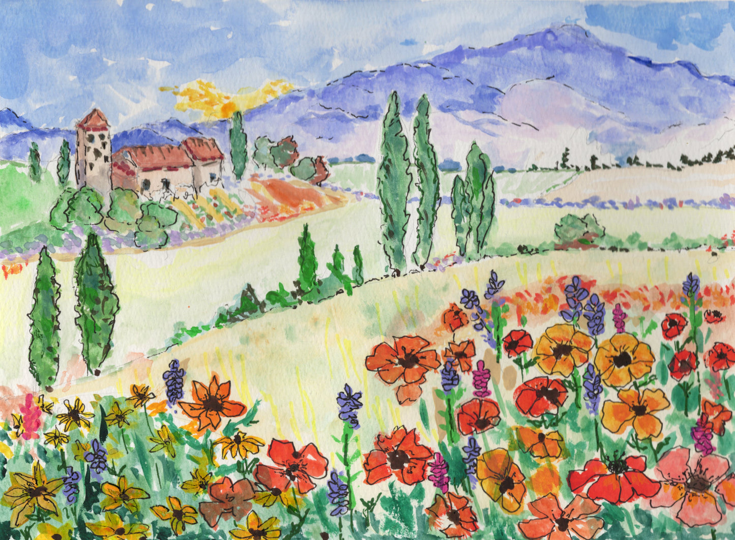 Oh Tuscany — watercolor Tuscan hillside with cypress trees and wildflowers