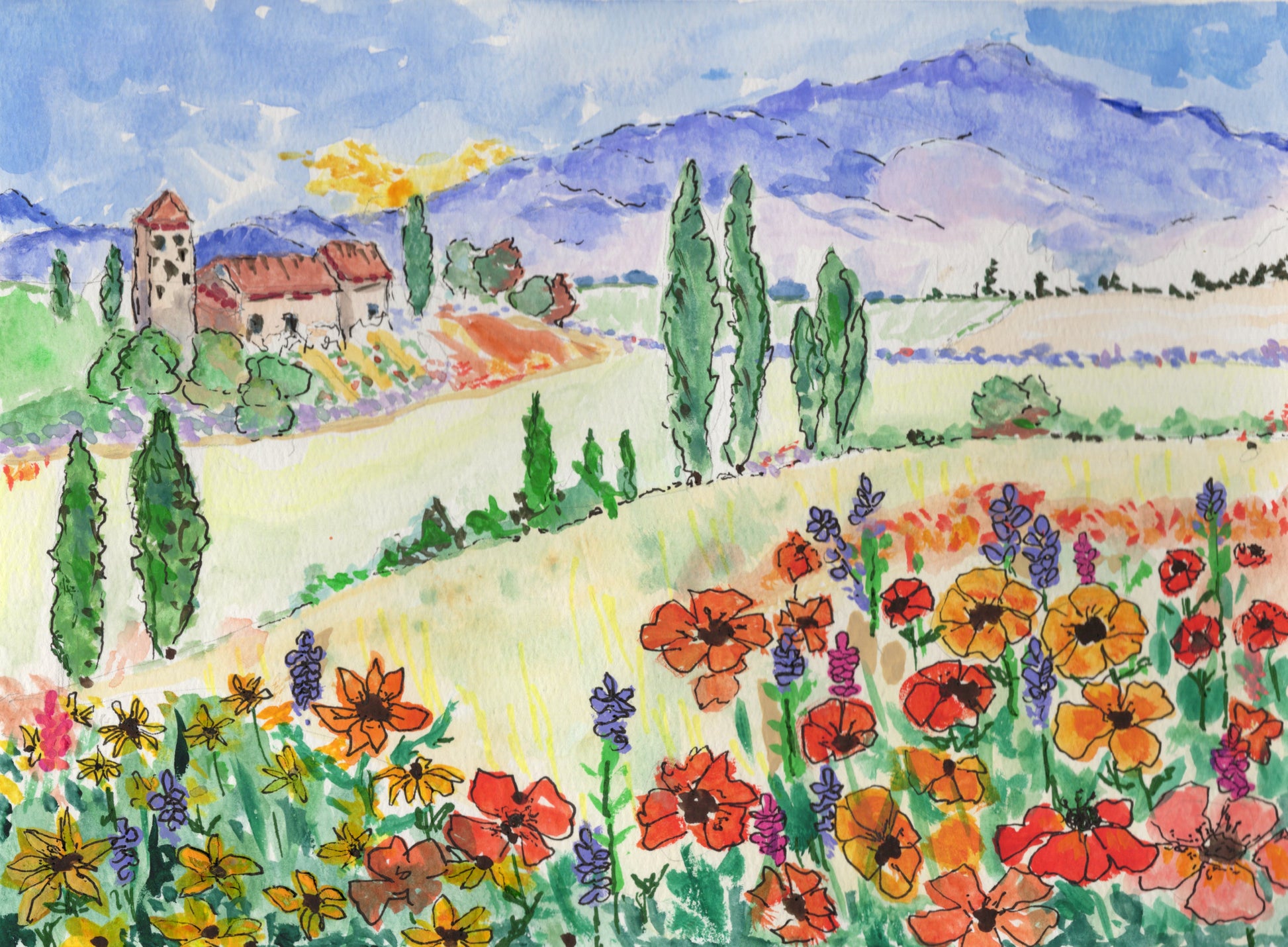 Oh Tuscany — watercolor Tuscan hillside with cypress trees and wildflowers