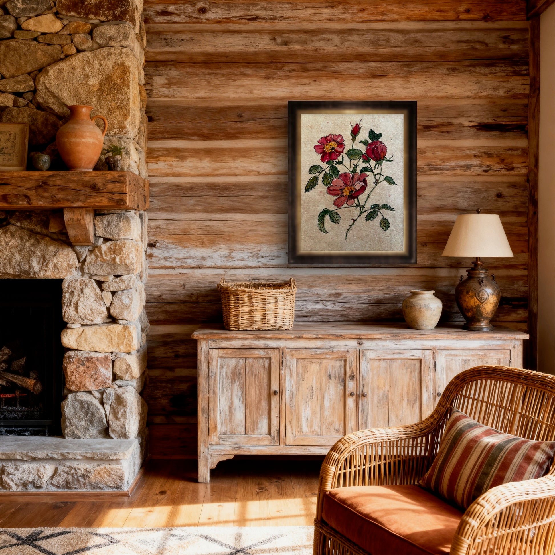 Wild Roses framed print styled in a rustic cabin living room