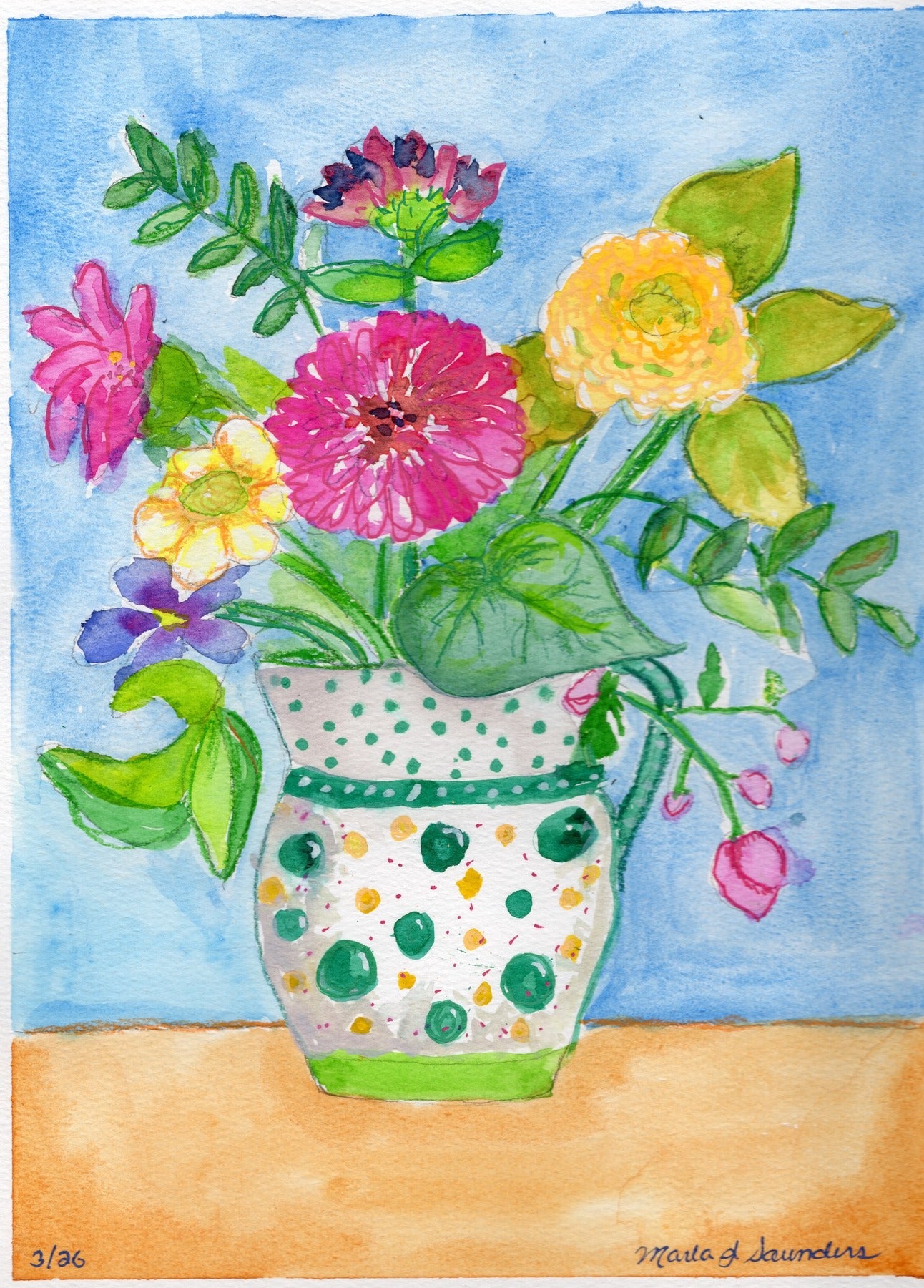 Floral Bouquet in Spotted Pitcher — watercolor zinnias, roses and violas in a speckled pitcher